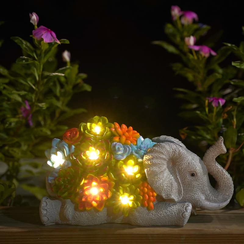 Birthday Solar Elephant Statue with Succulent - Garden Decor