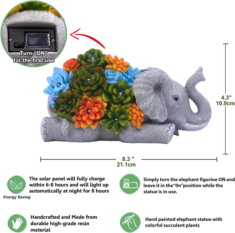 Birthday Solar Elephant Statue with Succulent - Garden Decor