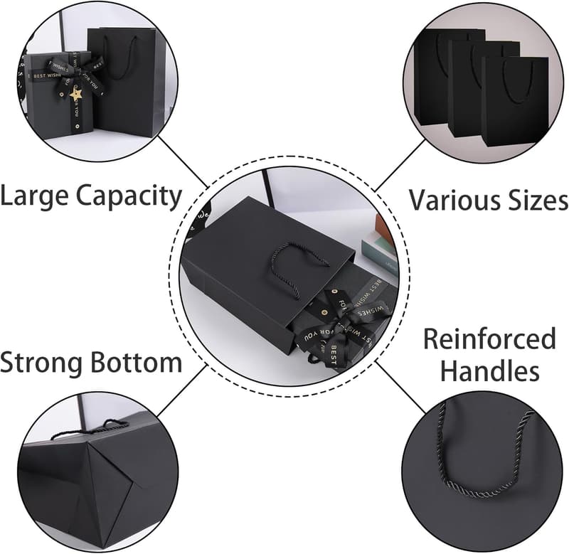 Wedding Favor Gift Bags - Black, Pack of 10, 6x2.5x8 Inches