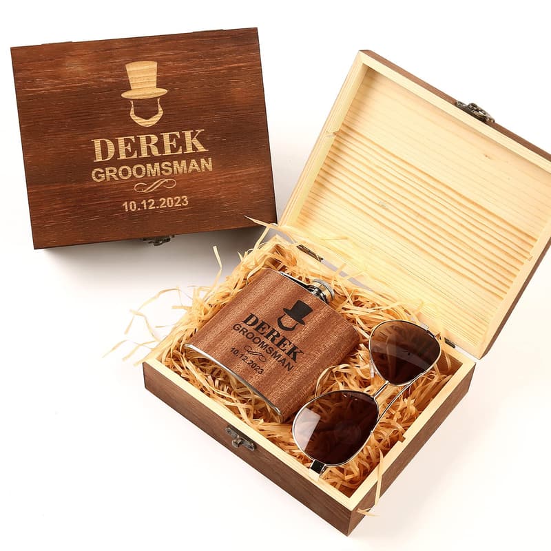 Groomsmen Gift Set: Engraved Flask & Wood Sunglasses
