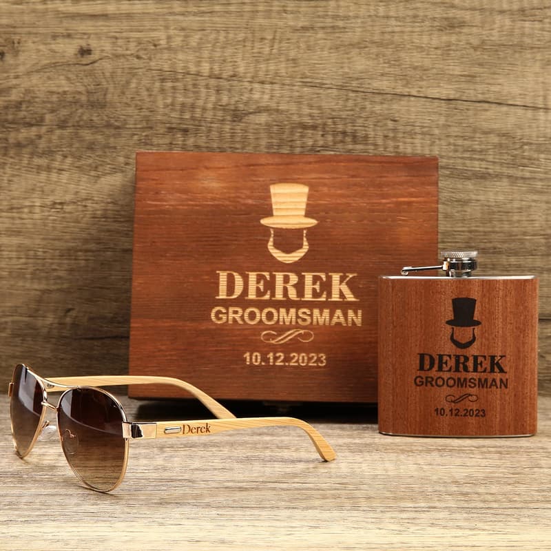 Groomsmen Gift Set: Engraved Flask & Wood Sunglasses