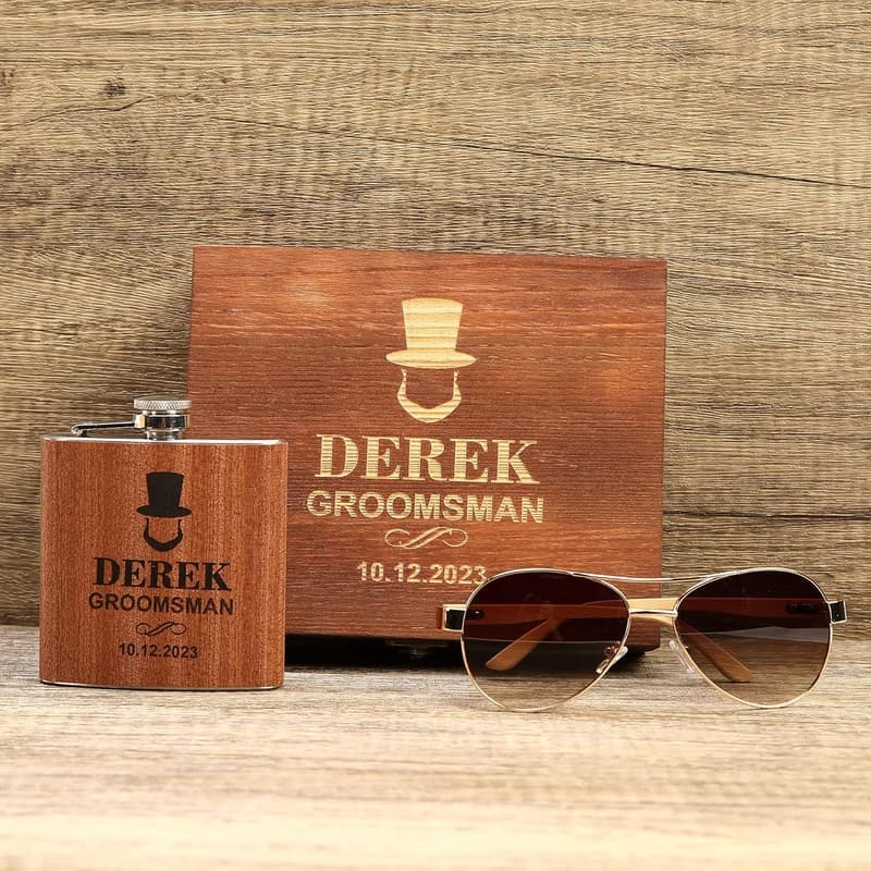Groomsmen Gift Set: Engraved Flask & Wood Sunglasses
