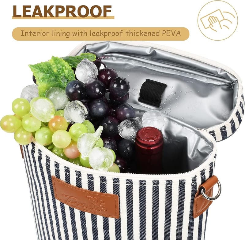 Wine Tote Bag - Insulated Leakproof Striped Carrier