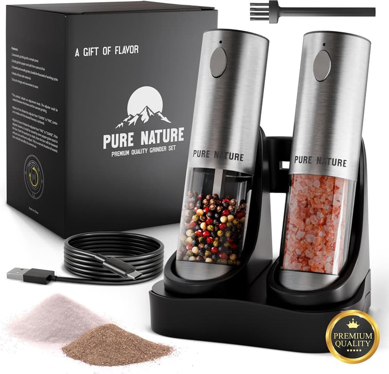 Salt and Pepper Grinder Set with Rechargeable Base