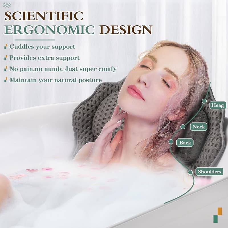 Ergonomic 4D Bath Pillow with Suction Cups