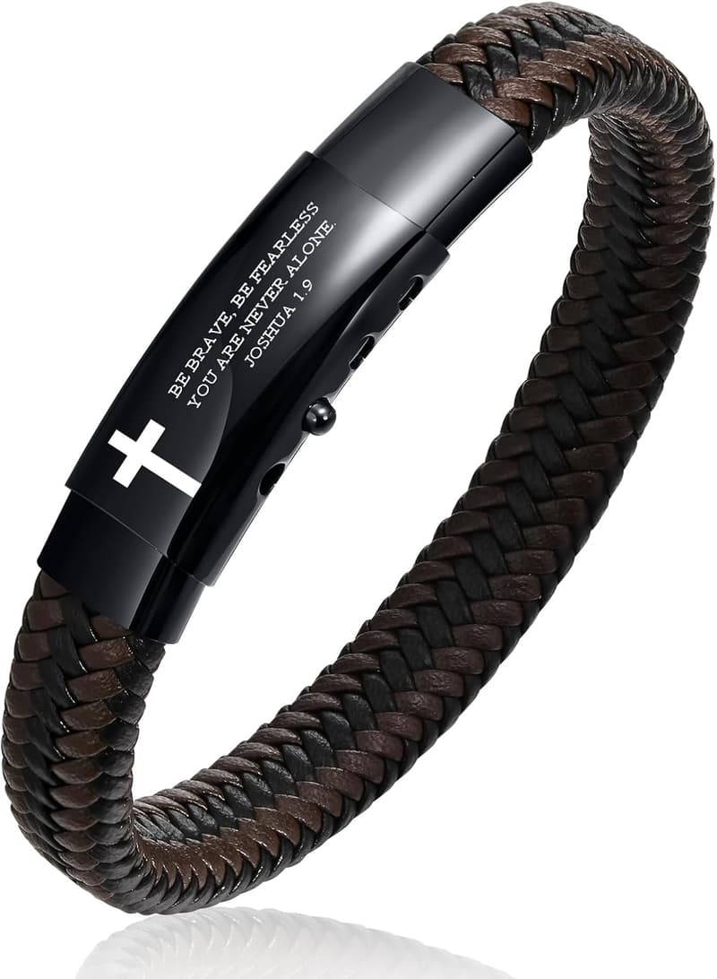 Men's Braided Leather Cuff Bracelet – Inspirational Engraving