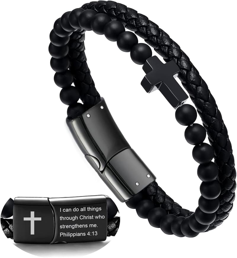 Men's Black Braided Leather Bracelet with Onyx Beads