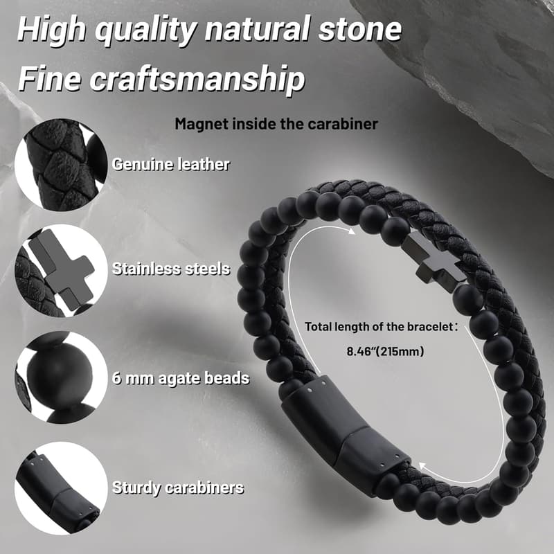 Men's Black Braided Leather Bracelet with Onyx Beads