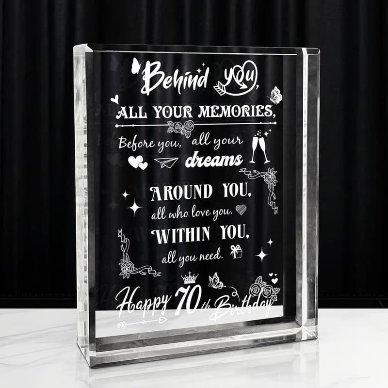70th Birthday Laser Engraved Crystal Keepsake for Men and Women