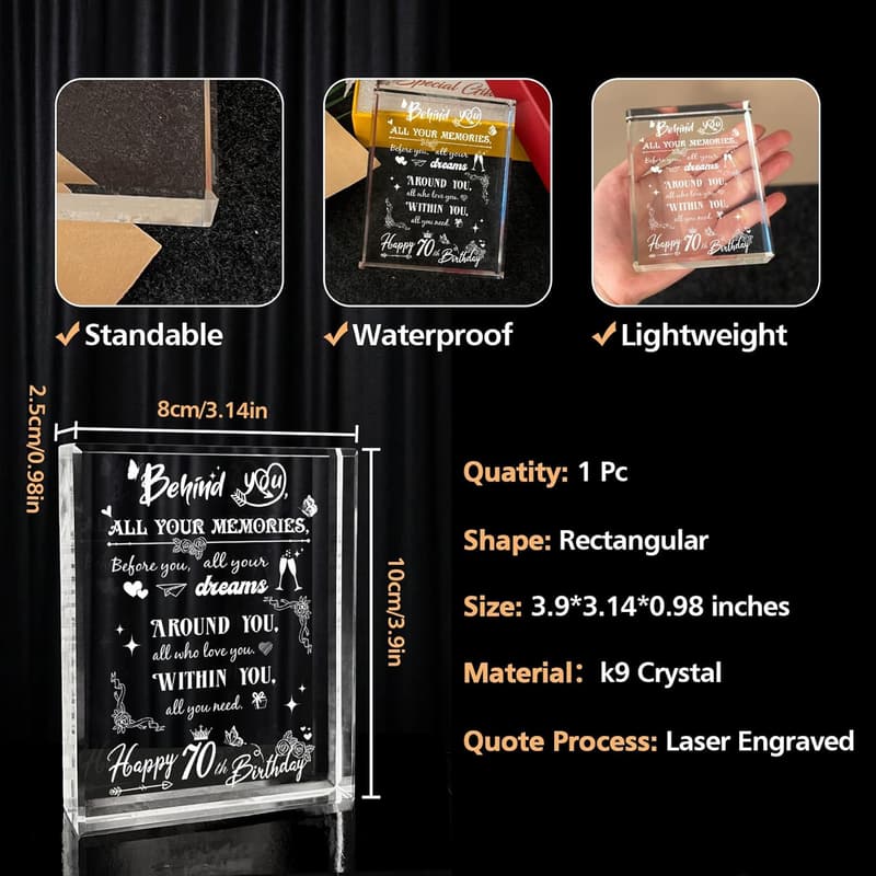 70th Birthday Laser Engraved Crystal Keepsake for Men and Women