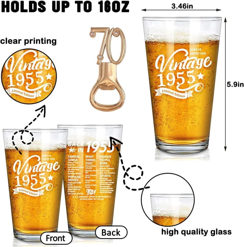 70th Birthday Beer Glass - Vintage 1955 Funny Pint Glass