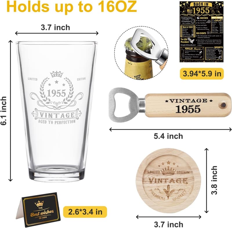 70th Birthday Vintage Beer Glass Set for Men