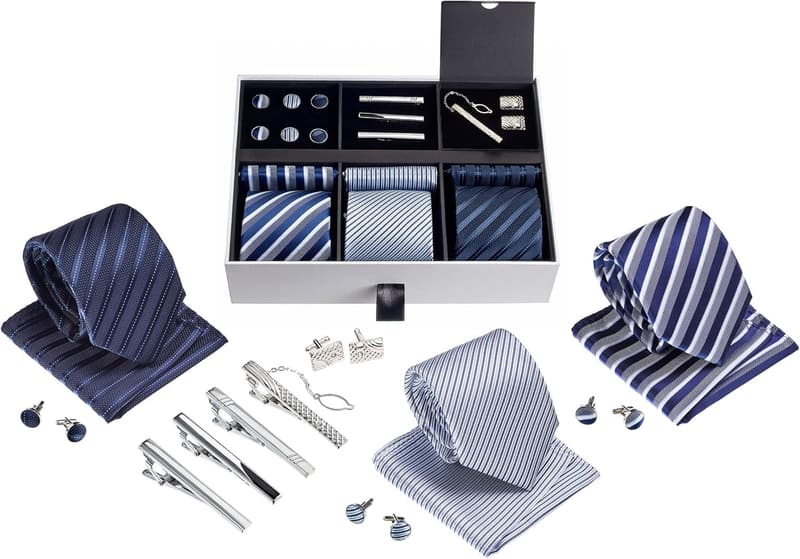 Men's Premium Tie Set with Necktie, Pocket Squares & Cufflinks
