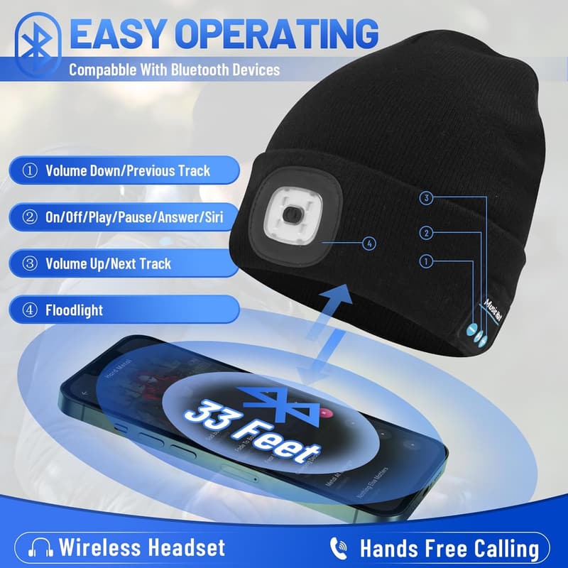Bluetooth Musical Beanie Hat with Light for Men & Women
