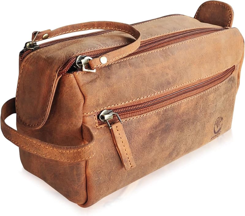Buffalo Leather Travel Toiletry Bag with Waterproof Lining