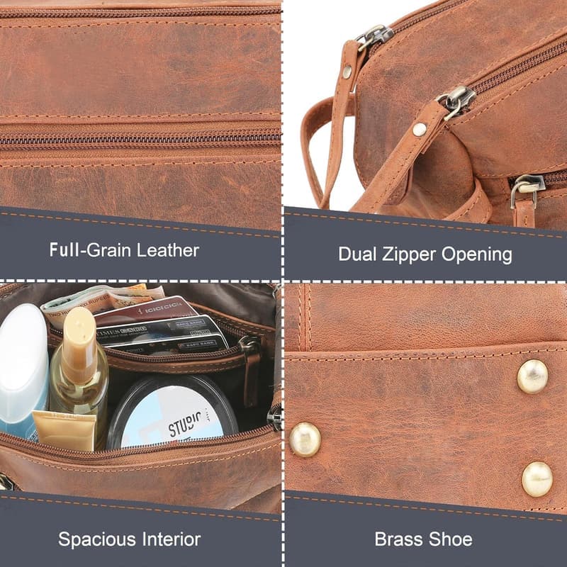 Buffalo Leather Travel Toiletry Bag with Waterproof Lining