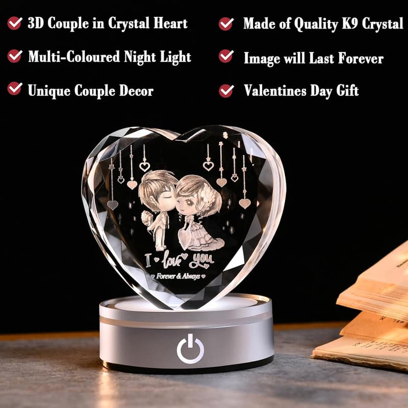 Anniversary Engraved Crystal Heart Keepsake with LED Base