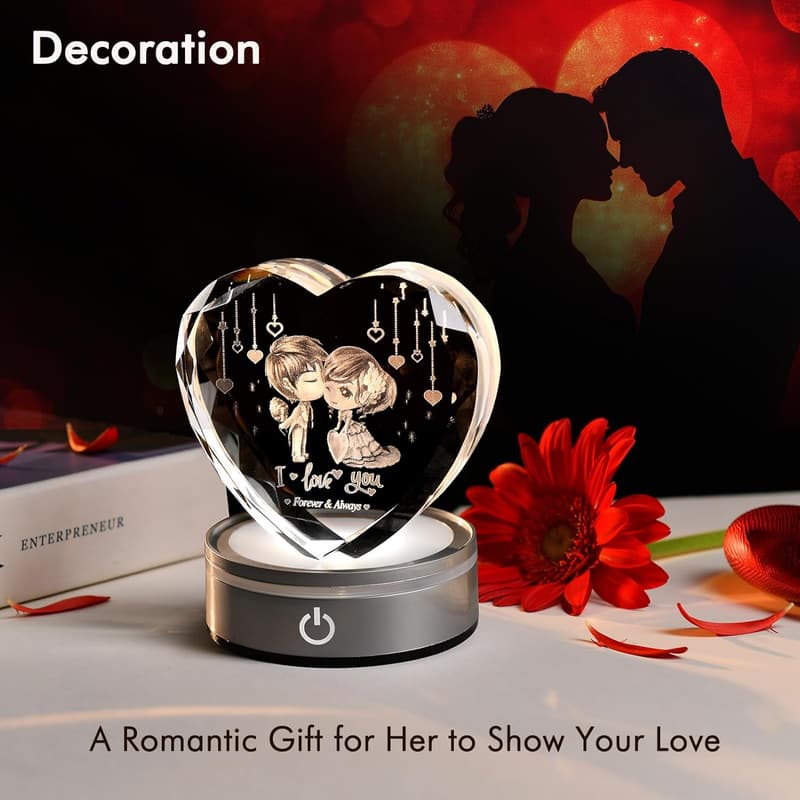 Anniversary Engraved Crystal Heart Keepsake with LED Base