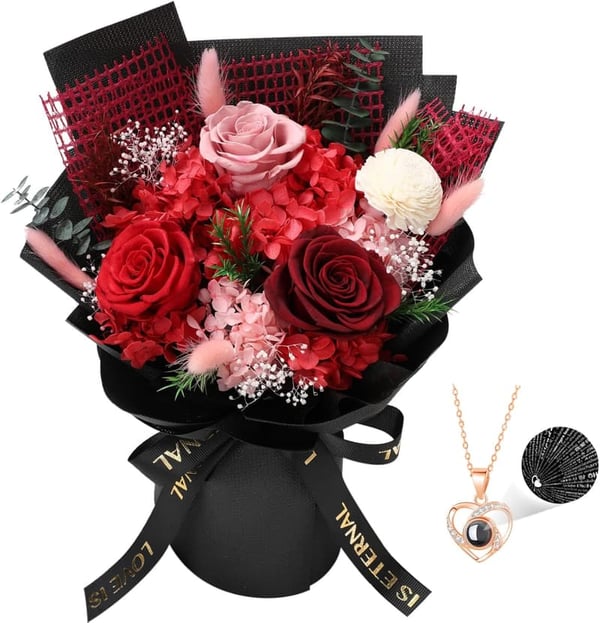 Valentine's Day Preserved Flower Bouquet with Necklace for Her