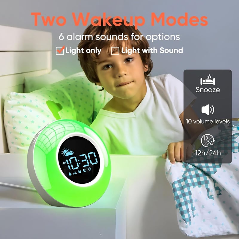 Kids Sleep Training Alarm Clock with Soothing Sounds and Night Light