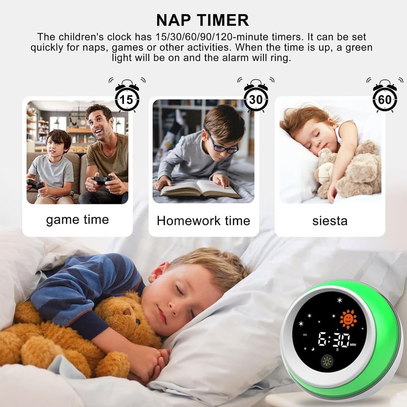 Kids Sleep Training Alarm Clock with Sound Machine & Night Light