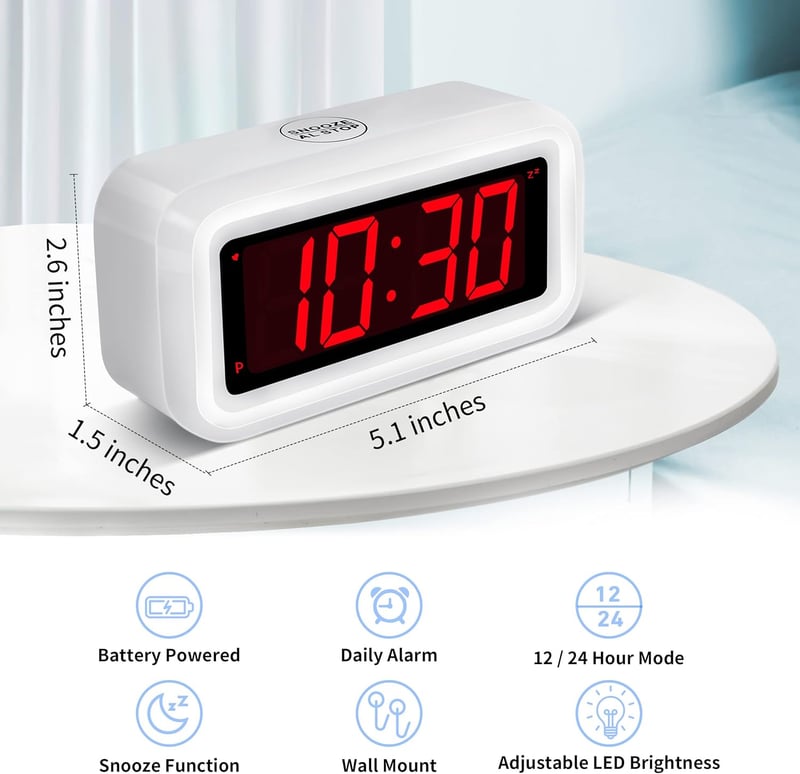 Portable Alarm Clock with 7-Min Snooze & 3 Brightness Settings