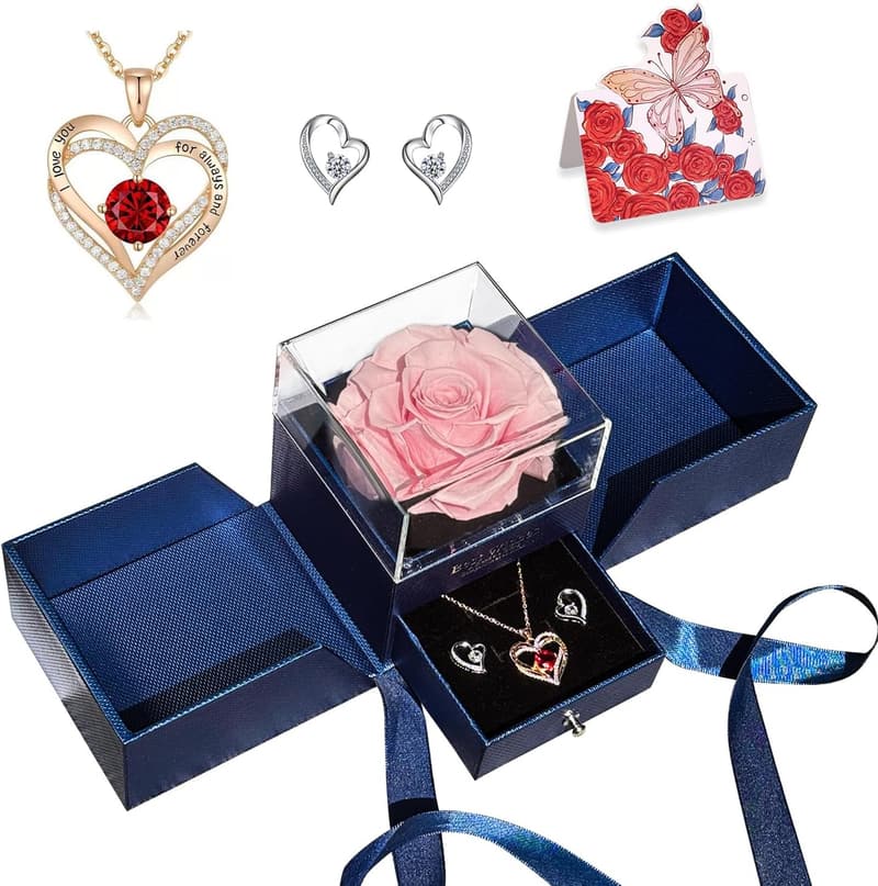 Preserved Pink Rose with Necklace & Earrings - Women's Gift