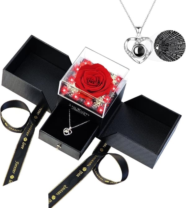 Eternal Red Rose with LED Light & 100 Languages Necklace for Mom