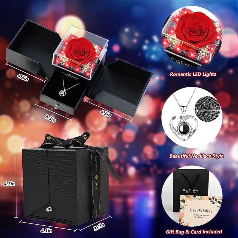 Eternal Red Rose with LED Light & 100 Languages Necklace for Mom