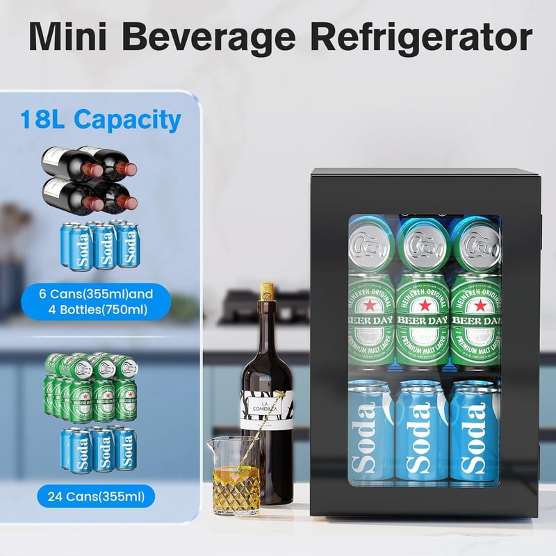 Mini Beverage Cooler Refrigerator for 24 Cans - Adjustable Temp, 黑色的