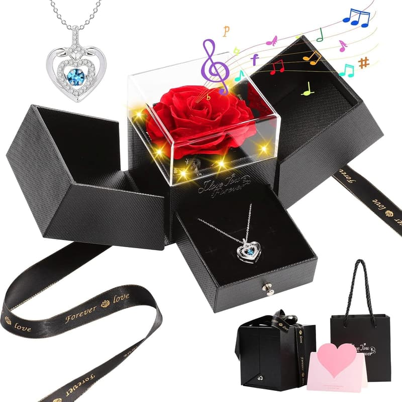 Valentine's Day Preserved Rose Music Box with Heart Pendant Necklace