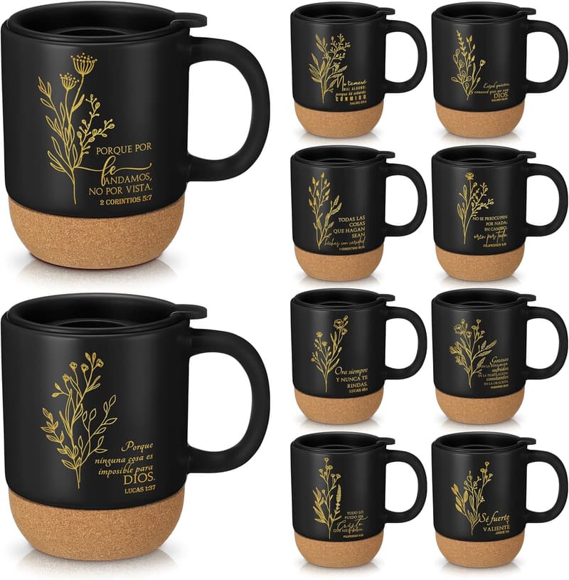Father's Day Christian Coffee Mugs Set - 10 Ceramic Cups with Bible Verse (Spanish)