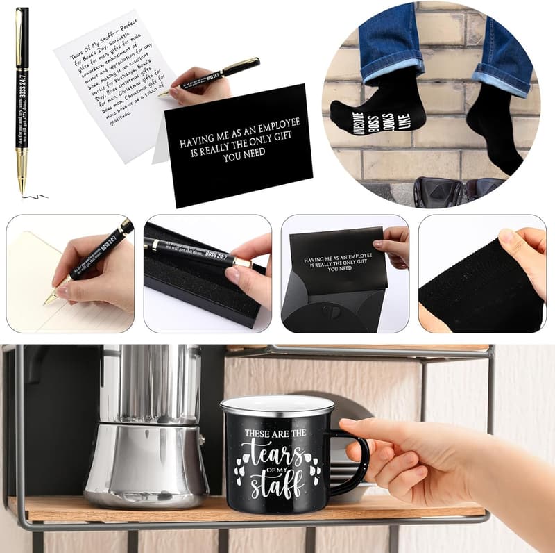 Boss's Day Gift Set: Enamel Mug, Socks & Pen for Men