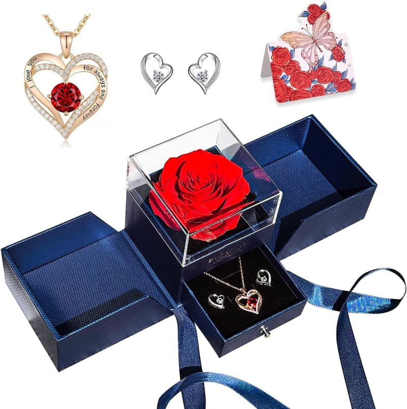 Eternal Red Rose with Necklace & Earrings - Gift for Women