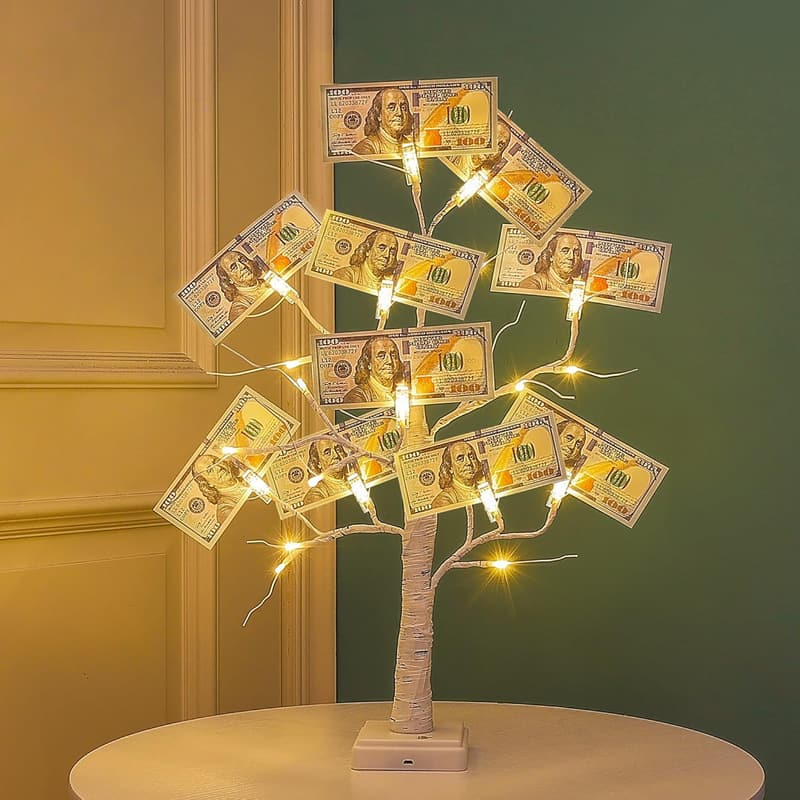 LED Lighted Money Tree Centerpiece with Clips & Cards