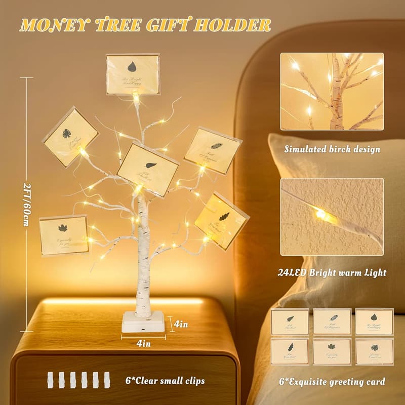 LED Lighted Money Tree Centerpiece with Clips & Cards