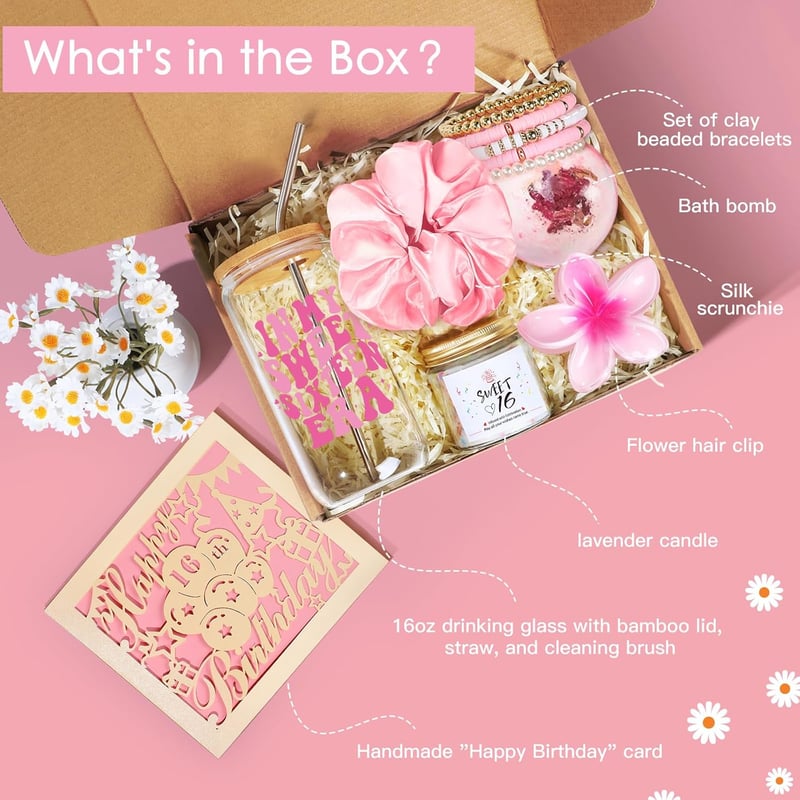16th Birthday Gifts Box for Girls with 16oz Glass Cup