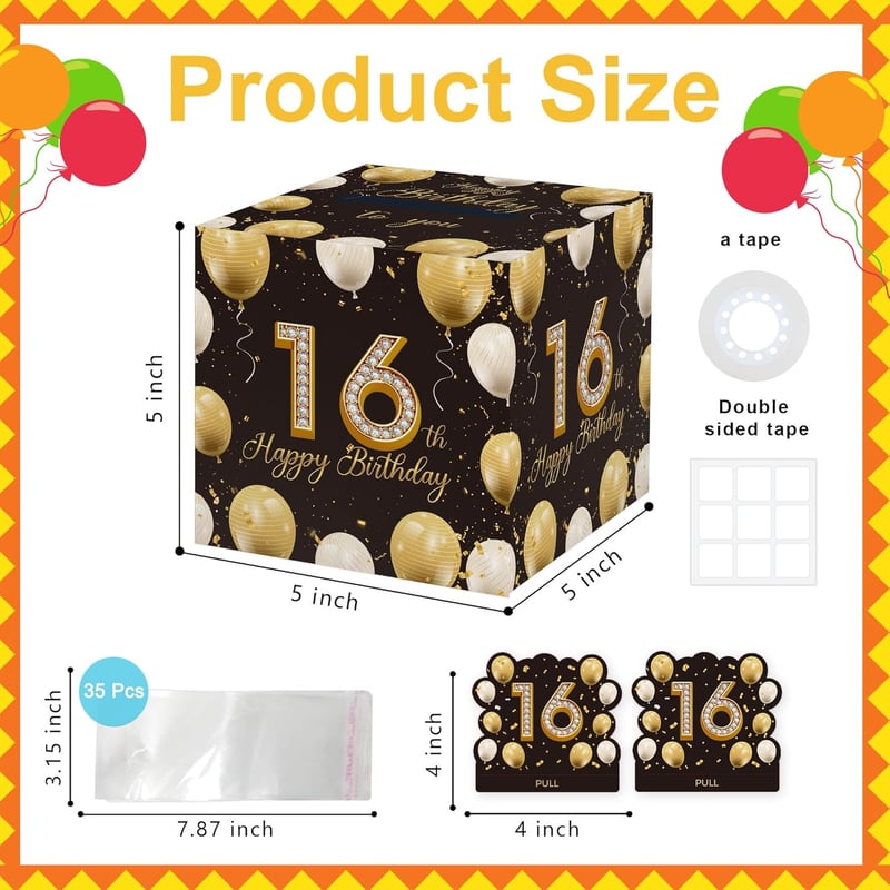 16th Birthday Gift Box for Boys & Girls, Black Gold Decor