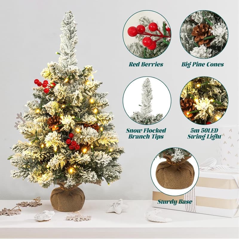 Mini Christmas Tree with Flocking Snow & 50 LED Lights
