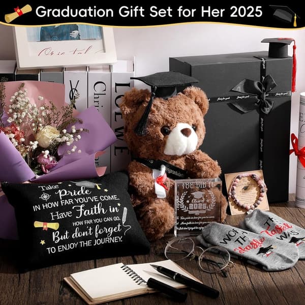 2025 Graduation Gift Set for Her: Plush Bear, Bracelet, Makeup Bag