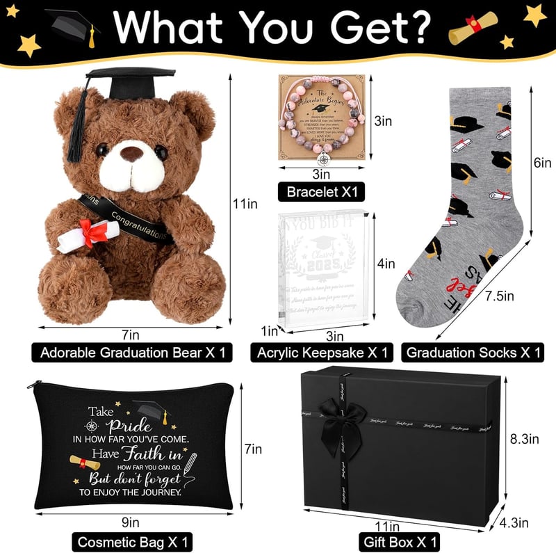 2025 Graduation Gift Set for Her: Plush Bear, Bracelet, Makeup Bag