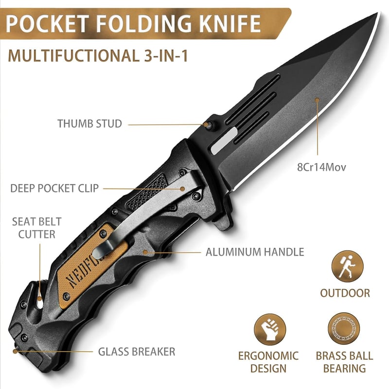 Survival Pocket Knife with Liner-Lock, Clip, and Glass Breaker