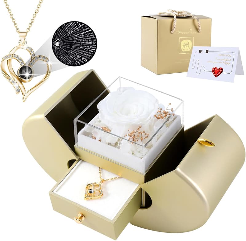 I Love You Necklace in Gift Box with Preserved White Rose