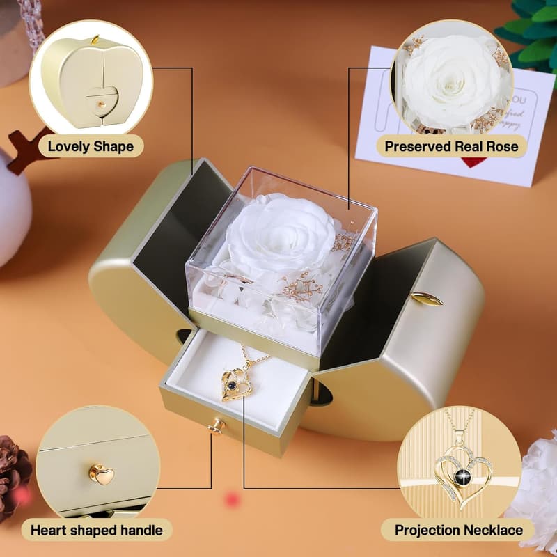 I Love You Necklace in Gift Box with Preserved White Rose