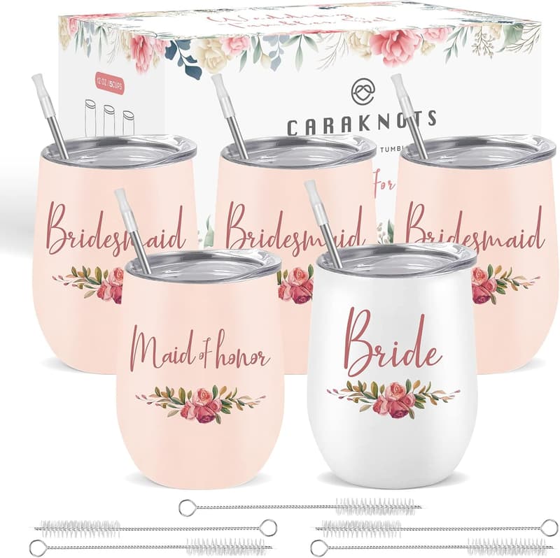 Bridal Shower Bridesmaid Wine Tumblers Set of 5, Pink 12 oz