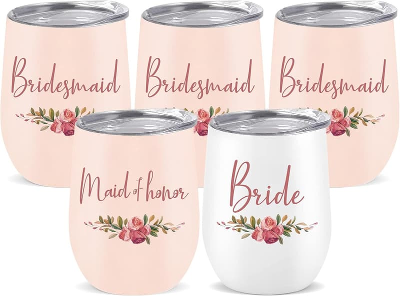 Bridal Shower Bridesmaid Wine Tumblers Set of 5, Pink 12 oz