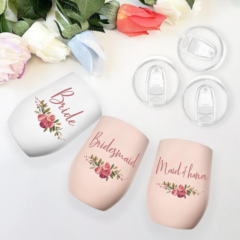 Bridal Shower Bridesmaid Wine Tumblers Set of 5, Pink 12 oz