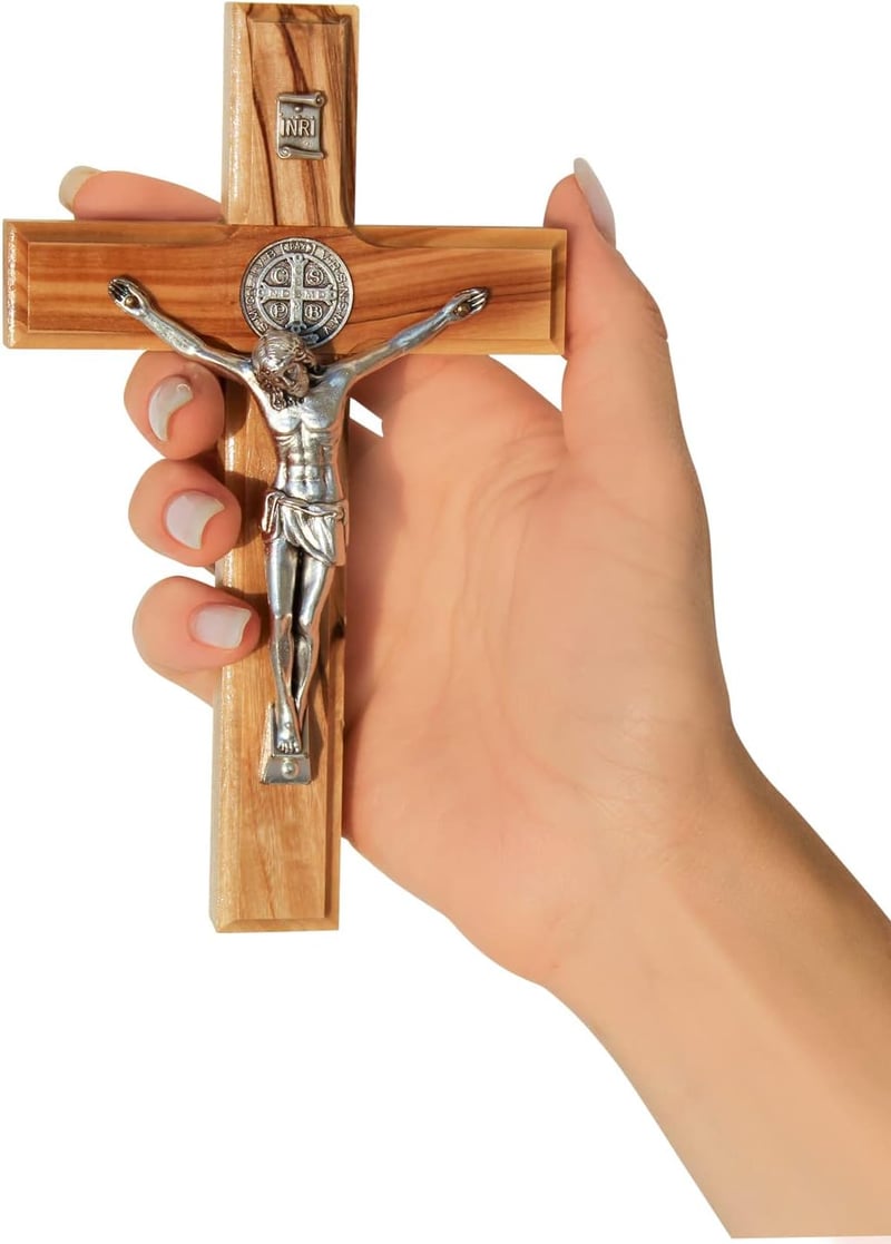 St. Benedict Olive Wood Wall Cross - Christian Gift, 6x3.7”
