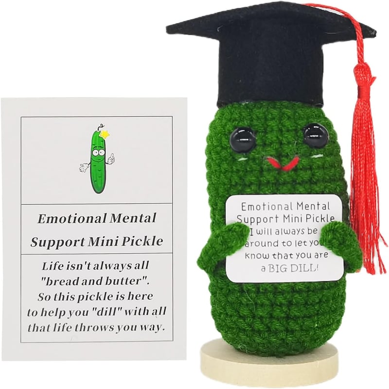 Positive Affirmation Crochet Pickles with Wooden Base Gift