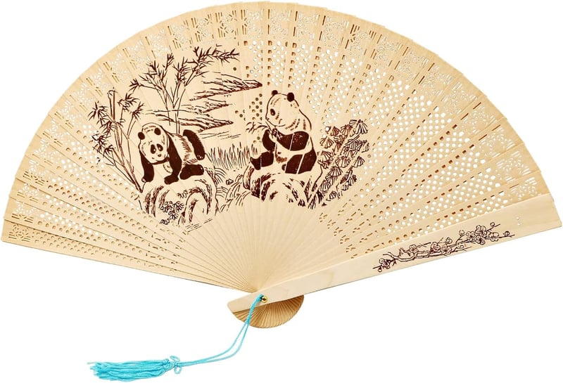 Panda Pattern Wooden Folding Fan with Tassel for Parties